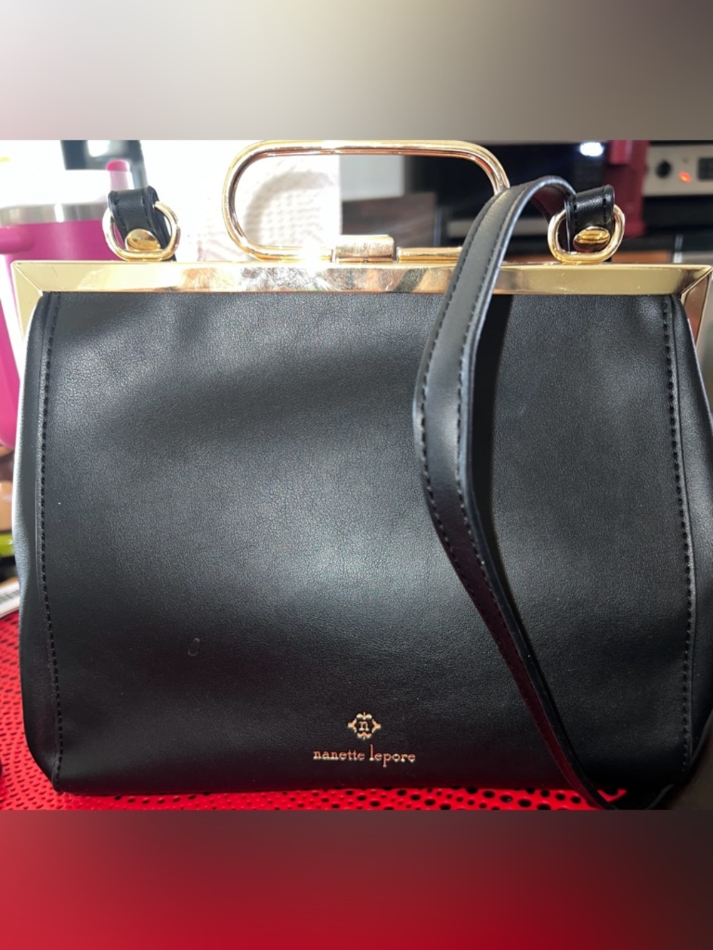Nanette Lepore Black synthetic Leather Satchel with Gold-Tone Frame